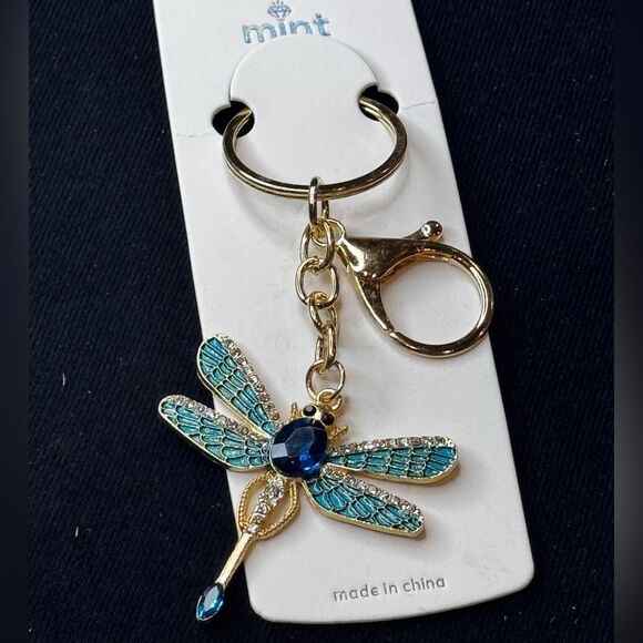 Mint BAG CHARM Sparkly Dragonfly Blue Crystal Keychain/Purse Charm - Picture 1 of 14